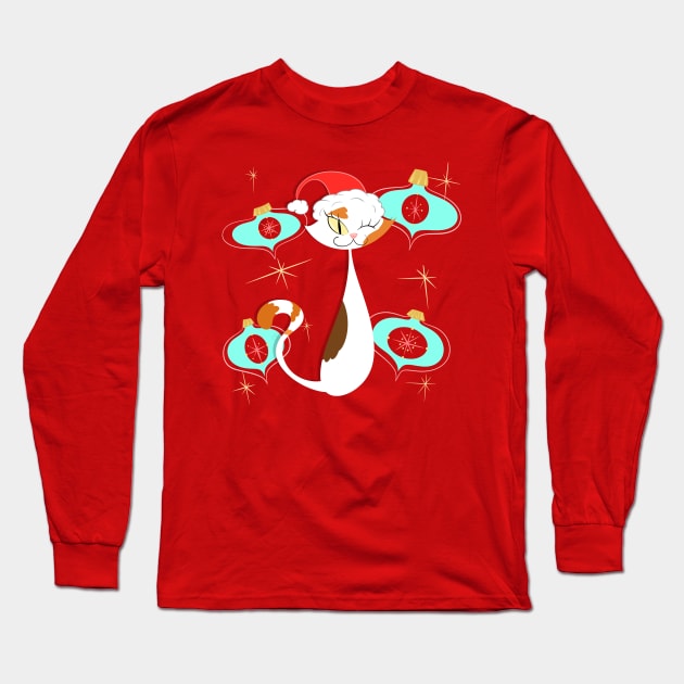 Santa Calico Cat with Blue Ornaments Long Sleeve T-Shirt by SillySpoooks